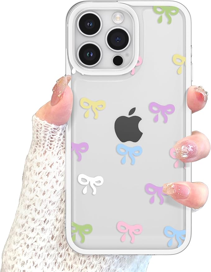 EYZUTAK Case for iPhone 13 Pro, Clear Cute Ribbon Bowknot Pattern Aesthetic Transparent Phone Case Raised Camera Protection Stylish Slim Soft Durable TPU Protective Cover for Women Girls - Colorful
