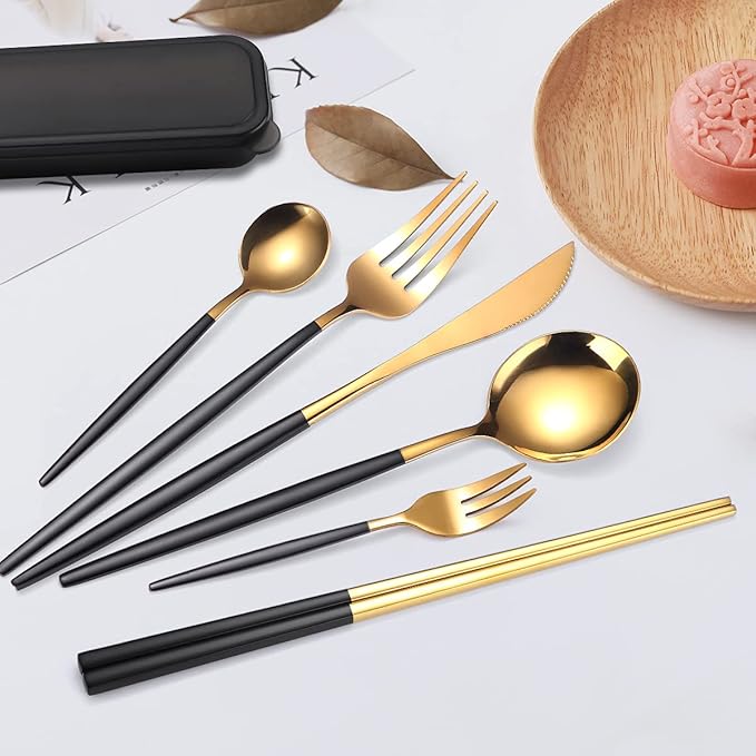 AARAINBOW 8 Pieces Stainless Steel Flatware Set Portable Reusable Cutlery Set Travel Utensils Set Including Chopsticks Knife Fork Spoon Straws Cleaning Brush Dishwasher Safe (Black Golden)