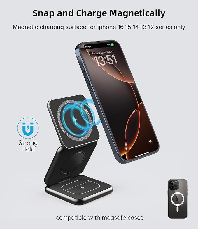 Foldable Magnetic Wireless Charger, KU XIU X40 Aluminum Alloy 3 in 1 Charging Station for Apple, Fast Charging Travel Charger for iPhone 16 15 14 13 12 Series, 5W for Apple Watch Ultra, AirPods, Black