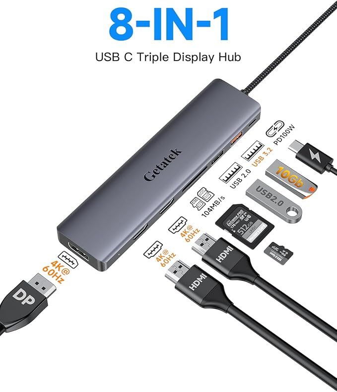 10Gbps USB C Hub, USB-C Laptop Docking Station, 8in1 Triple Display Docking Station for Dell Hp Lenovo Surface Windows (Dual HDMI+ DisplayPort + PD3.0 100W +SD TF Card Reader +10GB USB Port)