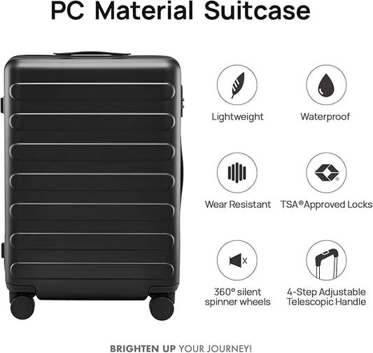 NINETYGO Medium Checked Luggage 24 Inch, Checking In Luggage with Smooth Spinner Wheels, Lightweight, Hard Shell PC Suitcase, Lightweight Travel Luggage, TSA Approved (Black, Rhine Basic)
