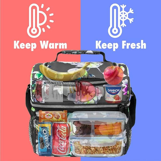 OPUX Lunch Box For Women, Insulated Large Lunch Bag Adult Work, Double Decker Lunchbox Meal Prep, Dual Compartment Leakproof Lunch Cooler, Lunch Pail Tote for Girls Kids School, Floral Gray 16 Cans