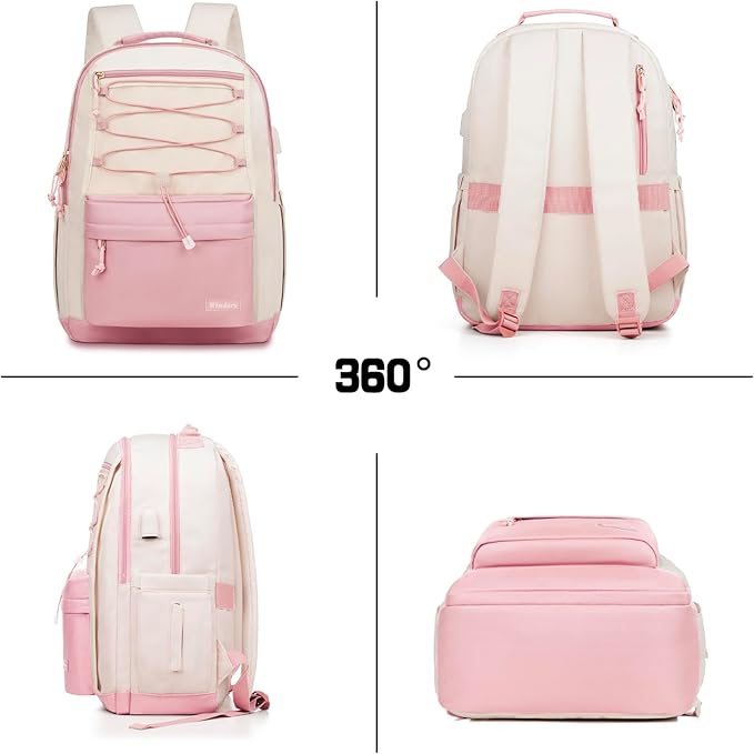 School Backpack for Teens Girls, Aesthetic College Backpack Large Bookbag for Women Students Fashion 15.6 Inch Laptop Bag for Work Travel (Pink Beige)