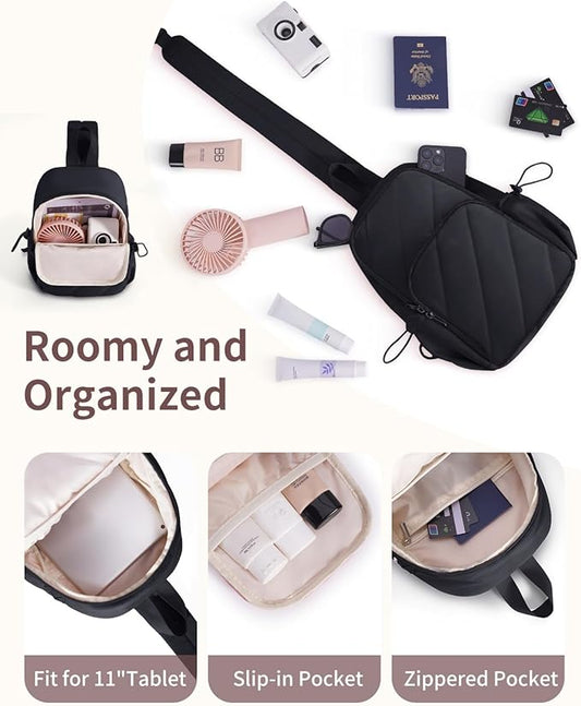 Wandering Nature Sling Bag for Women Lightweight Quilted Crossbody Bag Fits for 11" Tablet with Breathable Back Panel Anti Theft Pocket Padded Strap USB Charge Port, Ideal for Travel, Daily Use