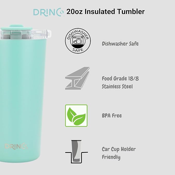 Drinco - 20 oz Stainless Steel Tumbler | Double Walled Vacuum Insulated Mug With Lid, 2 Straws, For Hot & Cold Drinks (20oz Sage, 20oz)