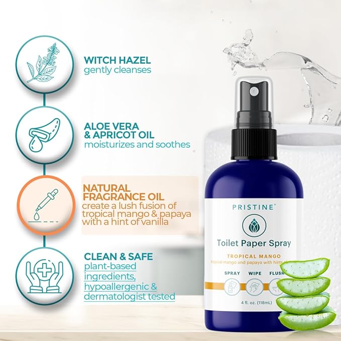 PRISTINE Toilet Paper Spray - As Seen on Shark Tank, More Natural Personal Cleansing Wipes & Flushable Wet Wipes Alternative, Spray Toilet Paper to Create Flushable Wipe, Tropical Mango, 4 fl oz