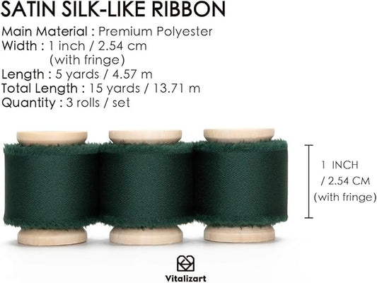 Vitalizart Silk Satin Ribbon 1 Inch x 15 Yard Wooden Spool Dark Green Handmade Frayed Ribbon for Gift Wrapping Baby Shower Wedding Bridal Bouquets Holiday Decor 3 Rolls x 5 Yard