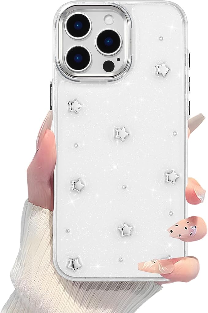 EYZUTAK Case for iPhone 16 Pro Max, Bling Glitter 3D Stars Phone Case Cute Sparkly Crystal Clear Star Aesthetic Design Case Slim Soft Durable TPU Transparent Protective Cover for Women Girls - Star