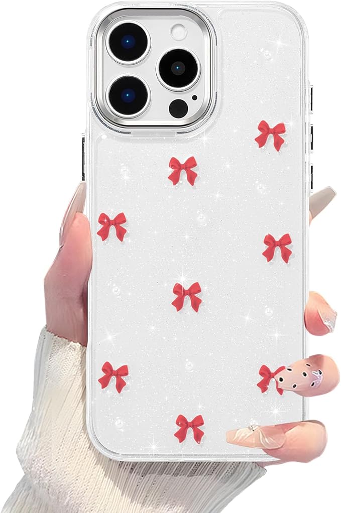 EYZUTAK Case for iPhone 16 Pro Max, Bling Glitter 3D Bowknot Phone Case Cute Sparkly Crystal Clear Bow Aesthetic Design Case Slim Soft Durable TPU Transparent Protective Cover for Women Girl-Red Bow