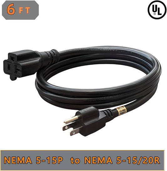 6-Feet 15 Amp Household AC Plug to 20 Amp T Blade Adapter Cable,14AWG 6-Foot 15 Amp to 20 Amp Plug Adapter Cord Nema 5-15P to 5-15R/5-20R 20Amp Comb AC Power Cord, Black