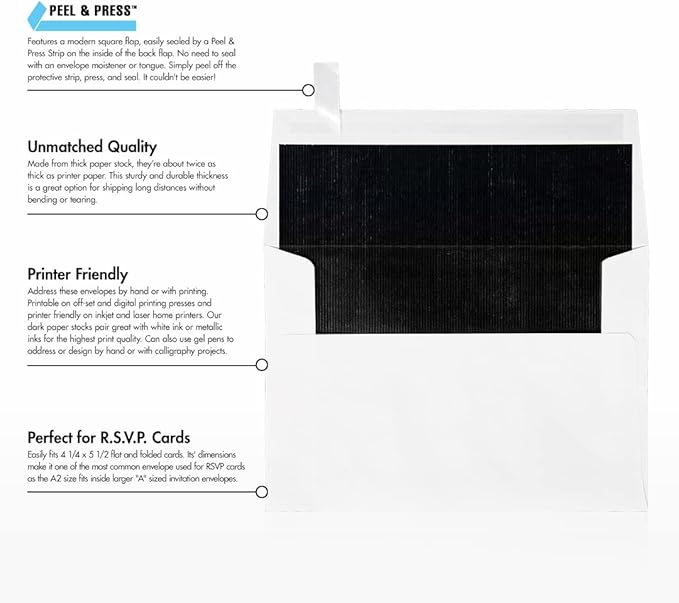LUXPaper A2 Foil Lined Invitation Envelopes | Peel & Press | 4 3/8" x 5 3/4" | White w/Black LUX Lining | 70lb. Text | 50 Qty