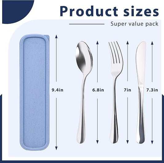 HANSGO 3PCS Portable Utensils Set with Case, Travel Cutlery Set Stainless Steel Utensils Reusable Silverware for Lunch Camping School Picnic Office Dishwasher Safe Blue