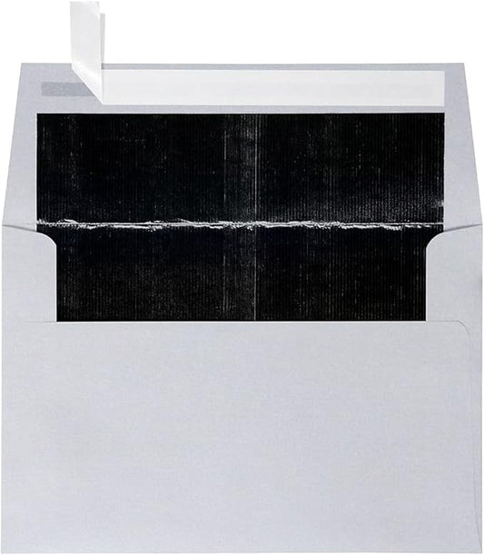 LUXPaper A4 Foil Lined Invitation Envelopes | Peel & Press | 4 1/4" x 6 1/4" | Silver w/Black LUX Lining | 80lb. Text | 50 Qty