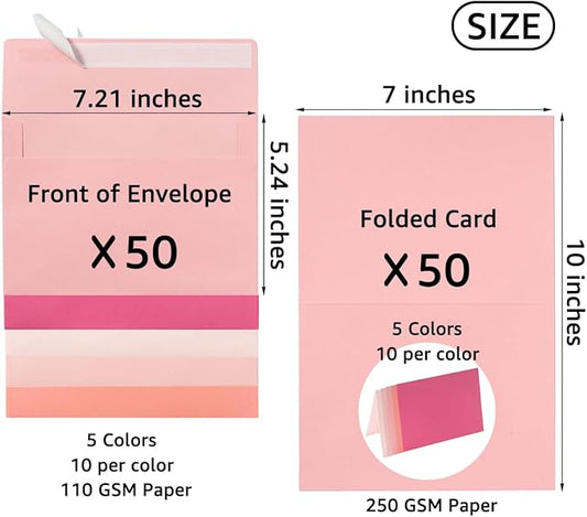 Wishop 50 Pack Pink 5x7 Self-Adhesive Envelopes with Fold Cards 5 Colors for Wedding Invitations and Greeting Cards (Pink 5 Colors, 5x7)