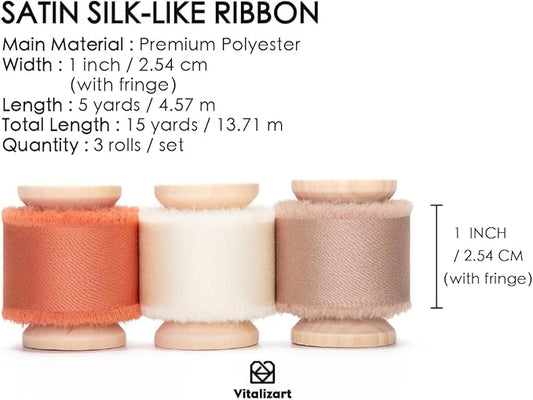 Vitalizart Silky Satin Ribbon Fall 1 Inch x 15 Yard Wooden Spool Terracotta & Cream Handmade Frayed Ribbon for Gift Wrapping Baby Shower Wedding Bridal Bouquets Holiday Decor
