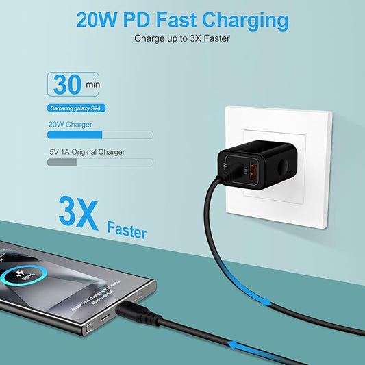 20W USB C Charger Cube,2-Pack Wall Plug Android Fast Charging Block, 2-Port PD+QC Power Adapter Type C Box for Samsung Galaxy S25 Ultra/S25 Plus/S24/S23/Watch Ultra 7/A36/A16/A26,iPhone 16e,Pixel 9A