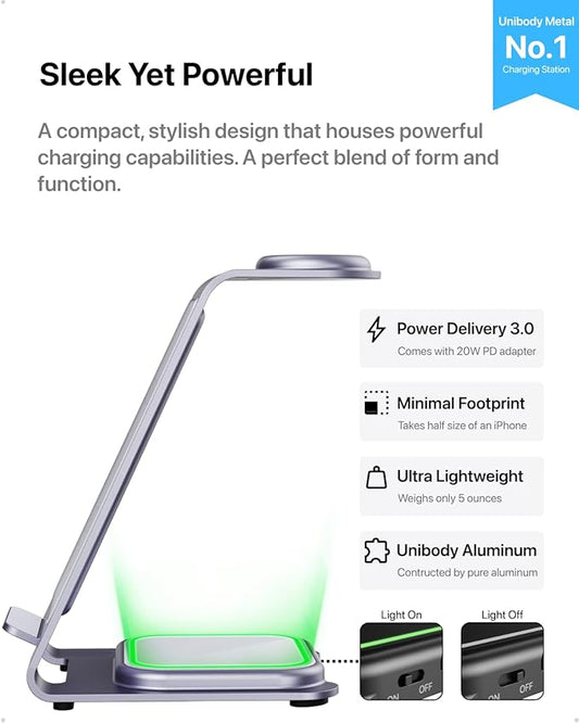 Intoval 3 in 1 Wireless Charging Station for iPhone 16 15 14 13 12 11 X Pro Max, Wireless Charger for Apple Watch Ultra 3 SE 9 8 7 6 5 4 3 2, for AirPods 4 Pro Pro 2 3 (Y93, Lavender)