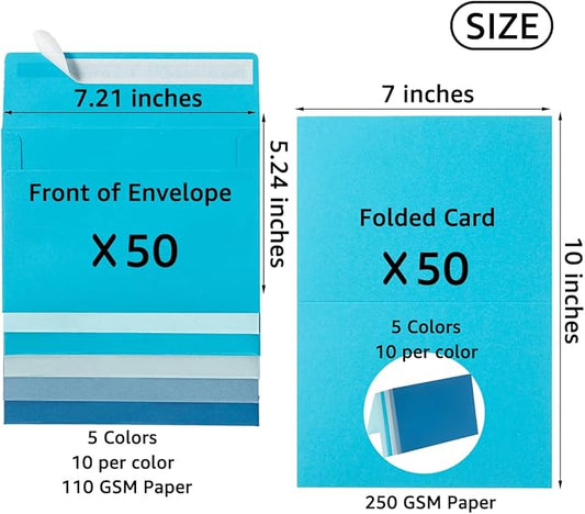 Wishop 50 Pack Blue Self-Adhesive Envelopes with Fold Cards 5 Colors for Wedding Invitations and Greeting Cards (Blue 5 Colors, 5x7)