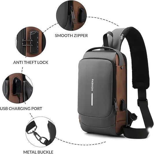 Unisex Anti-Theft Sling Bag with USB Port, Water-Resistant Crossbody Chest Backpack for Travel & Work