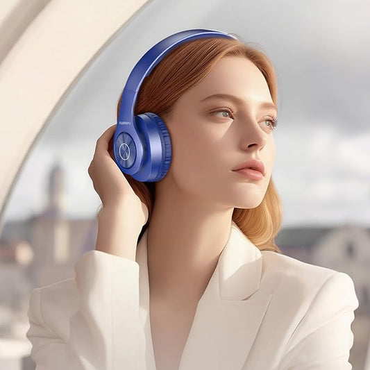 TUINYO Bluetooth Headphones Wireless, Over Ear Stereo Wireless Headset 40H Playtime with deep bass, Soft Memory-Protein Earmuffs, Built-in Mic Wired Mode PC/Cell Phones/TV-Dark Blue