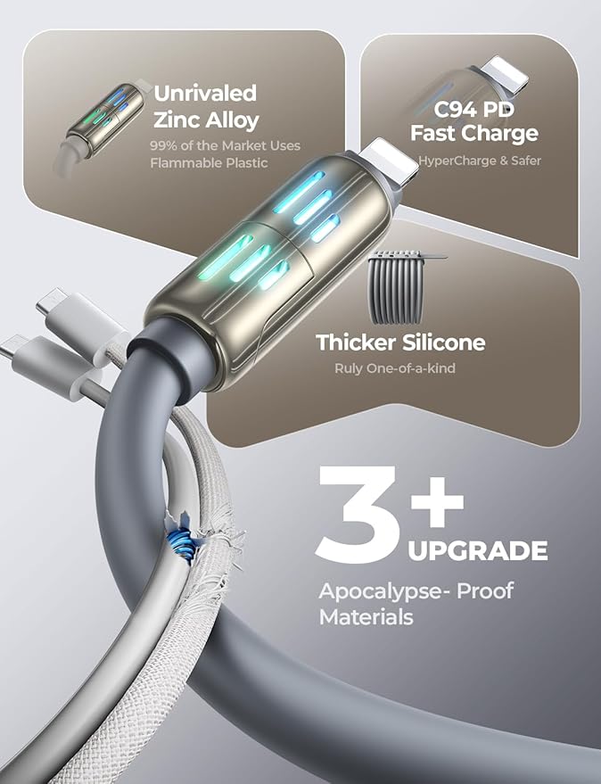 LISEN USB C to Lightning Cable, 240W 4 in 1 Charging Cable 6.6FT, Chubby USB A/C to C/Lightning with Light for iPhone Air 17 16 15 14 Pro/MacBook/iPad/Samsung/Switch 2, Multi Chargers for All Devices