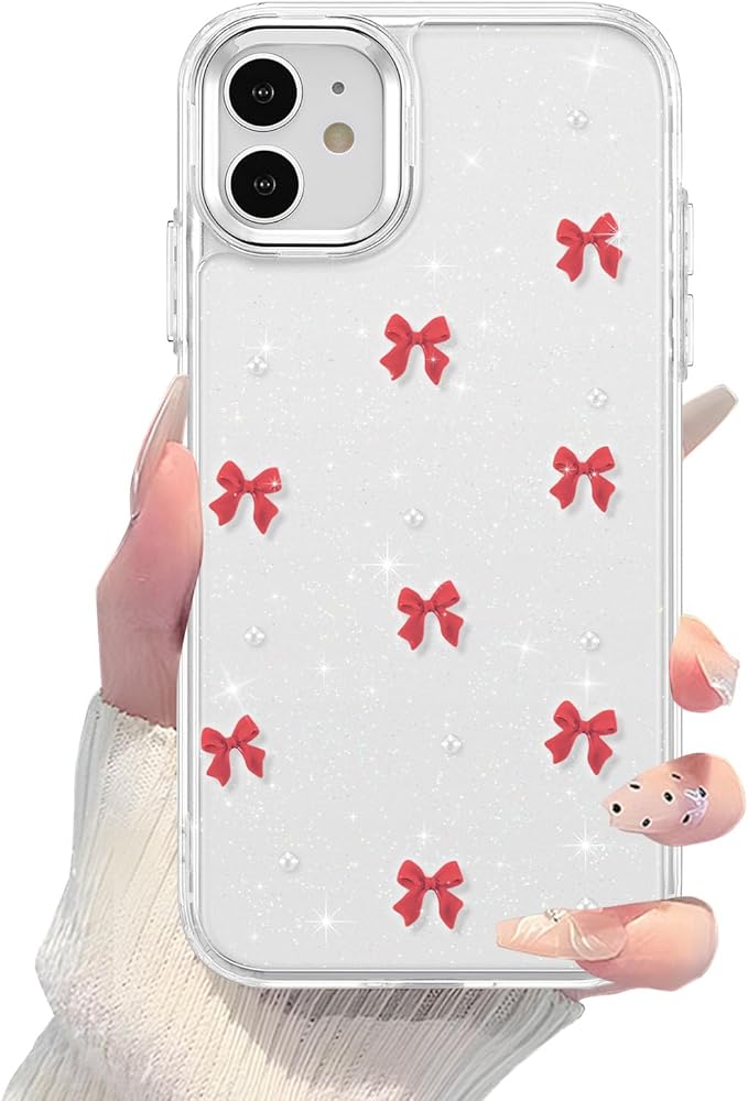 EYZUTAK Case for iPhone 12/iPhone 12 Pro, Bling Glitter 3D Bowknot Phone Case Cute Sparkly Crystal Clear Bow Aesthetic Case Slim Soft Durable TPU Transparent Protective Cover for Women Girls-Red Bow