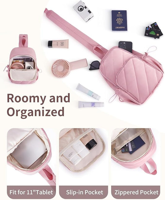 Wandering Nature Sling Bag for Women Lightweight Quilted Crossbody Bag Fits for 11" Tablet with Breathable Back Panel Anti Theft Pocket Padded Strap USB Charge Port, Ideal for Travel, Daily Use