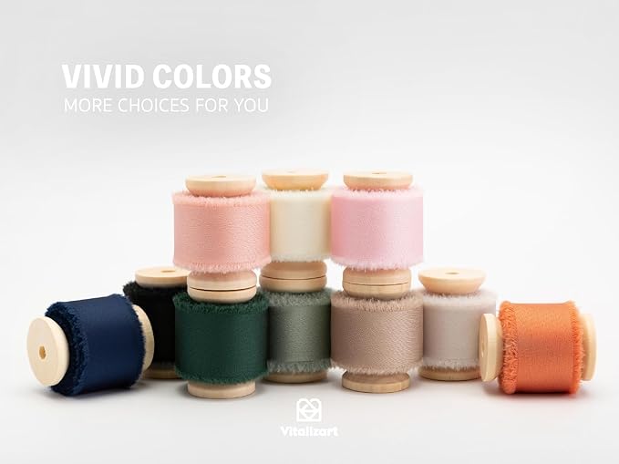 Vitalizart Silk Satin Ribbon 1 Inch x 15 Yard Wooden Spool Champagne Handmade Frayed Ribbon for Gift Wrapping Baby Shower Wedding Bridal Bouquets Holiday Decor 3 Rolls x 5 Yard