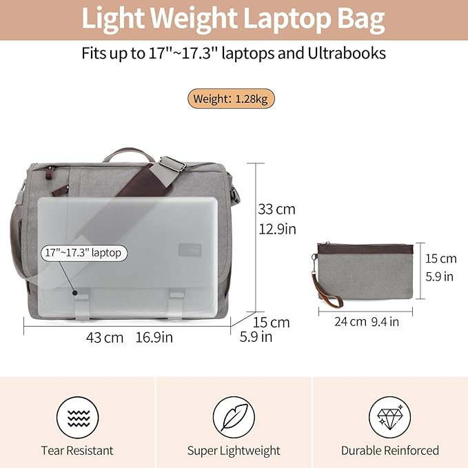 Nerlion Messenger Bag for Men 17-17.3 Inch Laptop Bag Canvas Water-resistant Computer Bag Shoulder Bag Work Briefcase Bookbag for College (Light Gray)