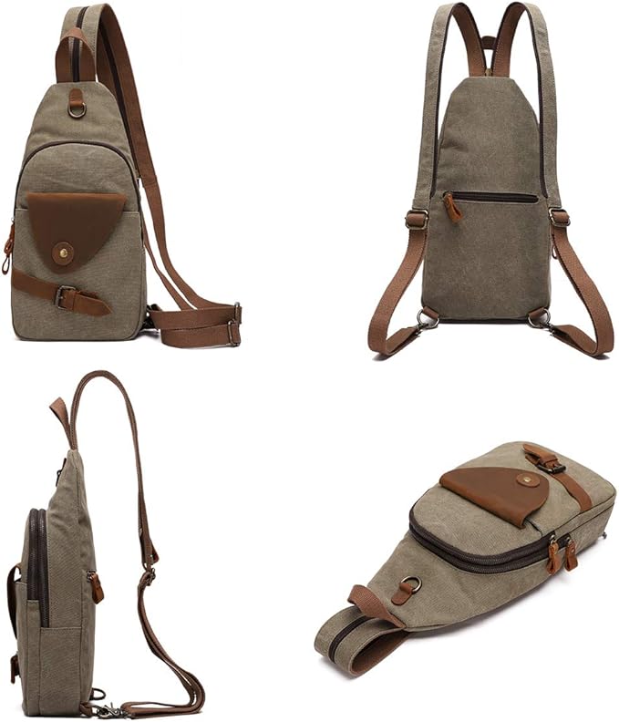 KL928 Canvas Sling Bag Crossbody Backpack Shoulder Casual Rucksack for Men Women,Olive Green