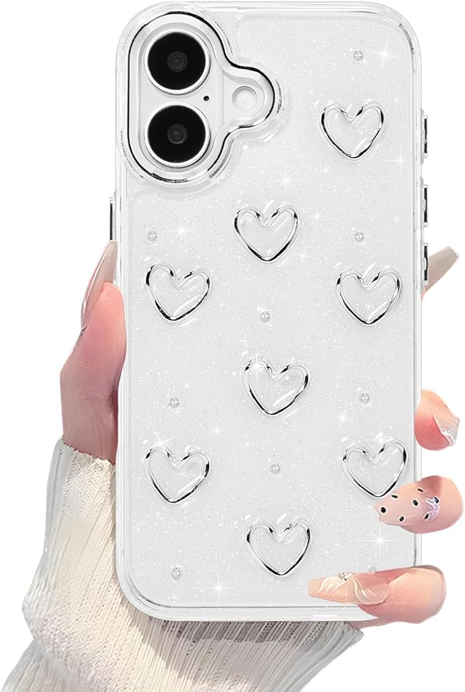 EYZUTAK Case for iPhone 16 Plus, Bling Glitter 3D Hearts Phone Case Cute Sparkly Crystal Clear Heart Aesthetic Design Case Slim Soft Durable TPU Transparent Protective Cover for Women Girls - Heart