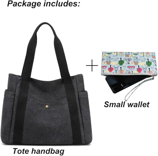 Women's Canvas Tote Handbags Multi-pocket Retro Casual Shoulder Bag Top Handle Satchel Tote Purse