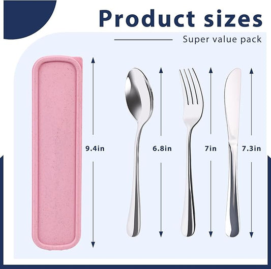 HANSGO 3PCS Portable Utensils Set with Case, Travel Cutlery Set Stainless Steel Utensils Reusable Silverware for Lunch Camping School Picnic Office Dishwasher Safe Pink