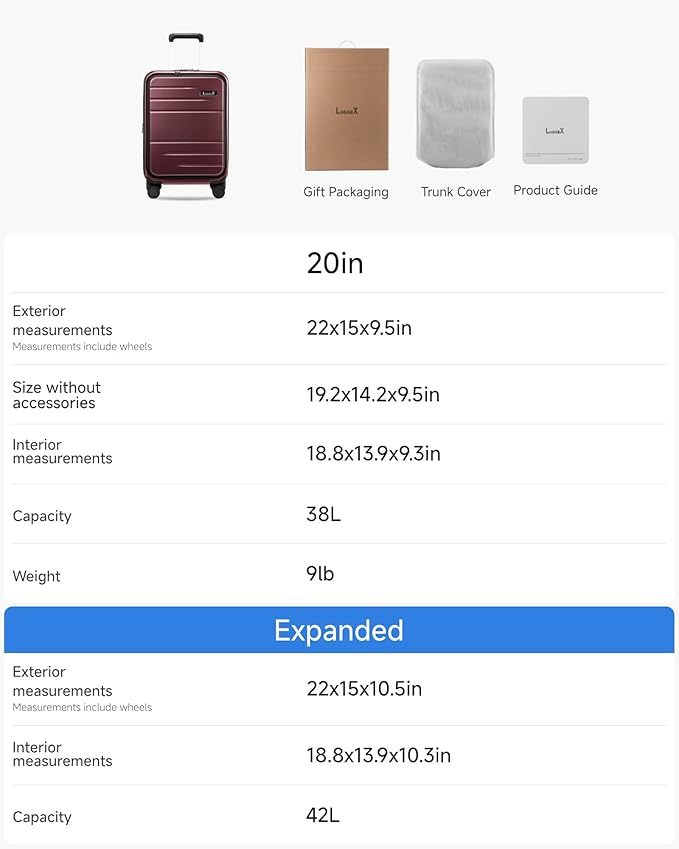 LUGGEX Carry On Luggage 22x14x9 Airline Approved, Expandable Polycarbonate Suitcase with Front Pocket (Cherry, 20 Inch, 38L)