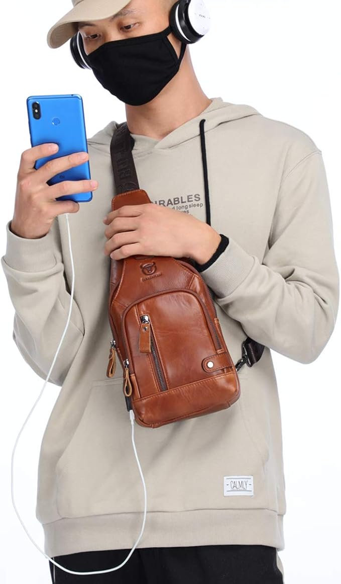 BULLCAPTAIN Genuine Leather Sling Bag with USB Charging Port Multi-pocket Chest Bag for Men Hiking Travel Daypack XB-129