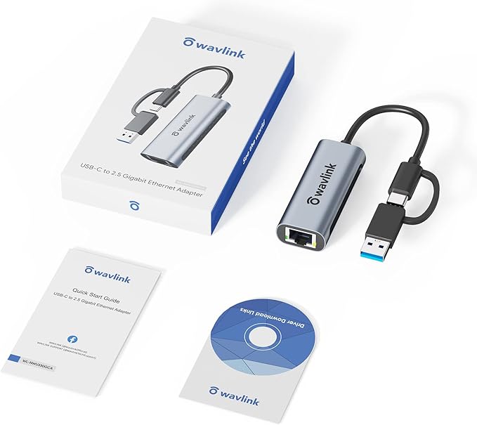 Wavlink USB C to Ethernet Adapter 2.5 Gbps, 2-in-1 USB to 2.5G Ethernet Adapter, USB-C to RJ45 Network Converter (Thunderbolt 4/3 Compatible), Aluminum Case for Windows, Mac OS, iPad OS and More.