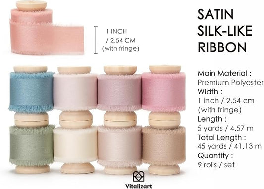 Vitalizart Silk Satin Ribbon 1 Inch x 45 Yard Wooden Spool Handmade Frayed Ribbon for Gift Wrapping Baby Shower Wedding Bridal Bouquets Holiday Decor 9 Rolls x 5 Yard