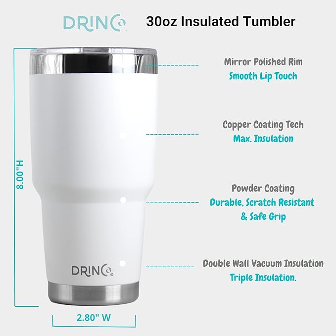 Drinco - 30 oz Stainless Steel Tumbler | Double Walled Vacuum Insulated Mug With Lid, 2 Straws, For Hot & Cold Drinks (30oz Artic White, 30oz)
