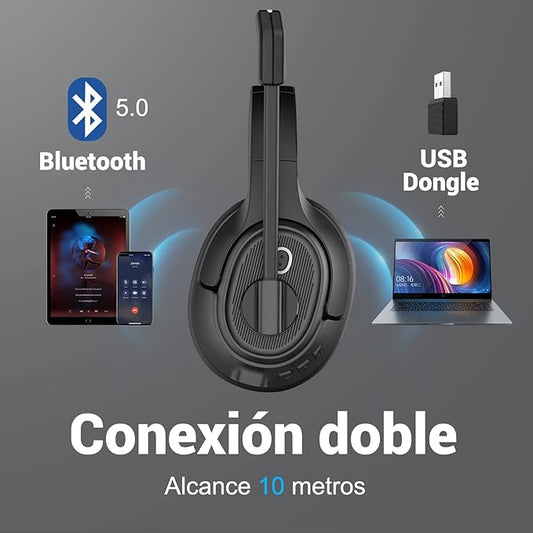 Bluetooth Headset for PC, Wireless Computer Headphone with AI-Powered Environmental Noise Cancelling Microphone & 2.4G USB Dongle, 55H Playtime, Over Ear Comfort Office Headset for Work, Laptop, Zoom
