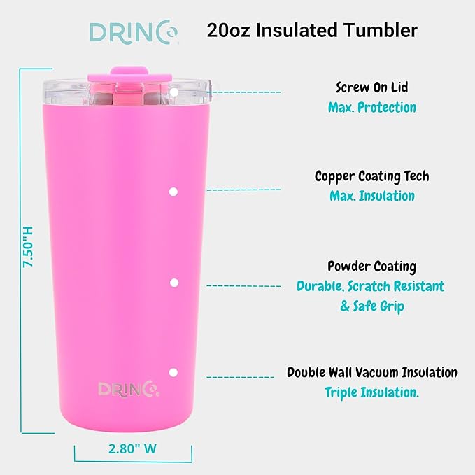 Drinco - 20 oz Stainless Steel Tumbler | Double Walled Vacuum Insulated Mug With Lid, 2 Straws, For Hot & Cold Drinks (2pk 20oz Teal & Pink, 2PK)