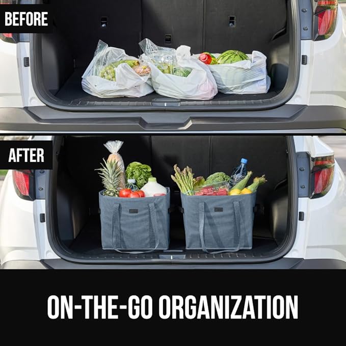 GORILLA GRIP Heavy Duty Foldable Reusable Grocery Bags, 3 Pack, Tear Resistant Box Shape Shopping Tote with Reinforced Handles, Grip Feet, Easily Carry and Transport Groceries, 13x10x11, Dusty Blue