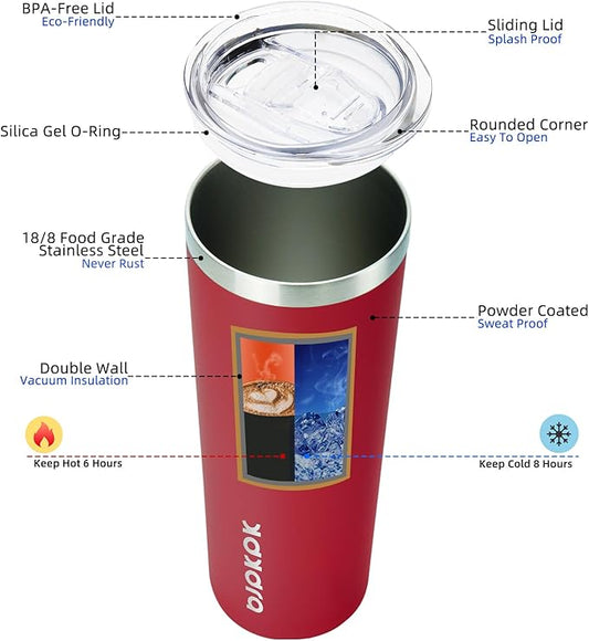 BJPKPK 20 oz Skinny Tumbler Stainless Steel Insulated Slim Straight Sublimation Coffee Tumblers Thermal Cup With Lid,Red
