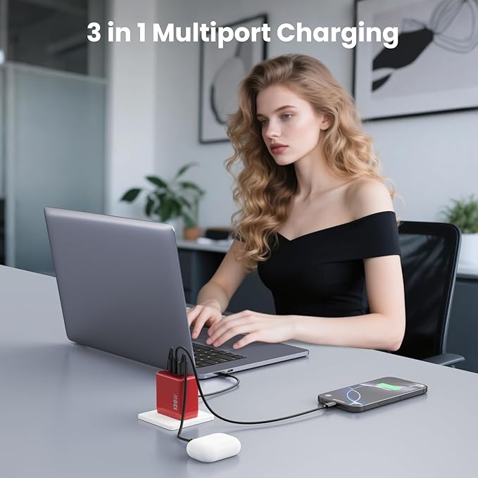 130W USB C Charger Block,3-Port GaN Fast Charger,Compact Foldable Type C Fast Charging Wall Charger,PD QC 65W USB C Laptop Charger for MacBook Pro/Air,iPad Pro,iPhone16/15,Galaxy Series etc(Red)