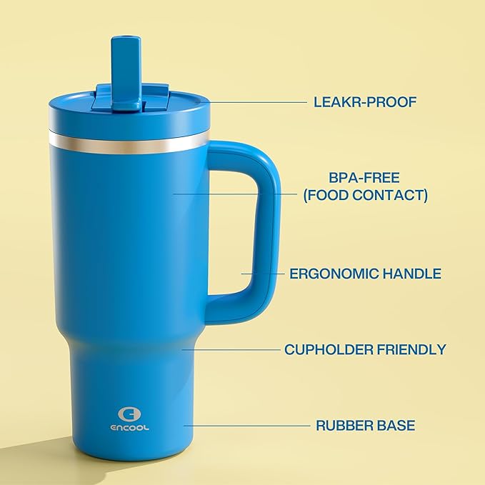 32 oz Tumbler with Handle and Straw: Stainless Steel Insulated Tumbler Keeps Cold for 24 Hours, Leakproof Travel Cup Fits in Cup Holder and BPA-Free, Celtic Blue