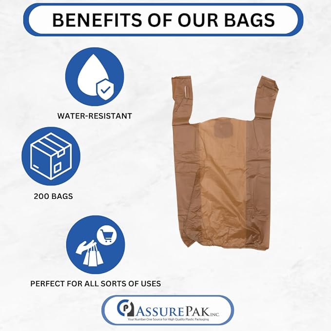 Brown HDPE T-Shirt Plastic Bags for Retail, Groceries, Merchandise, Convenience Store, Supermarket, Restaurant - 1/6 BBL, 11.5"X6"X21" - Pack of 200 Bags, 13 Microns - Unprinted (Brown)