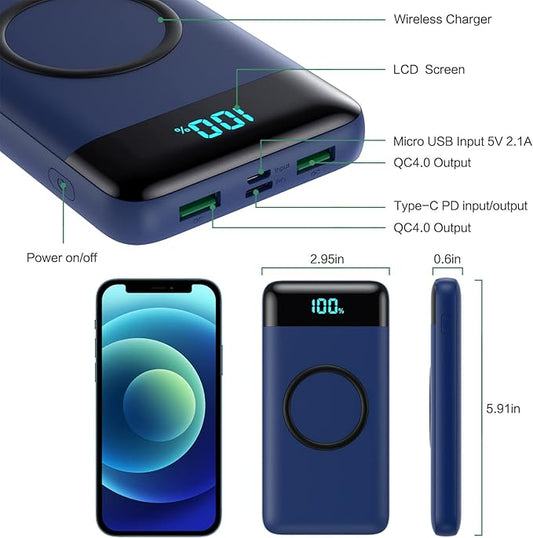 Wireless Portable Charger 30,800mAh 15W Wireless Charging 25W PD QC4.0 Fast Charging Smart LED Display USB-C Power Bank,4 Output& 2 Input External Battery Pack Compatible with iPhone, Samsung etc-Blue