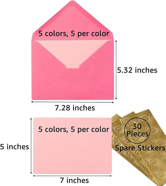 Wishop 25 Pieces A7 Colored Envelopes with Cards and Stickers Set 5 Colors for Weddings, Invitations, Birthday, Baby Shower, 5x7 inches (Pink 5Colors)
