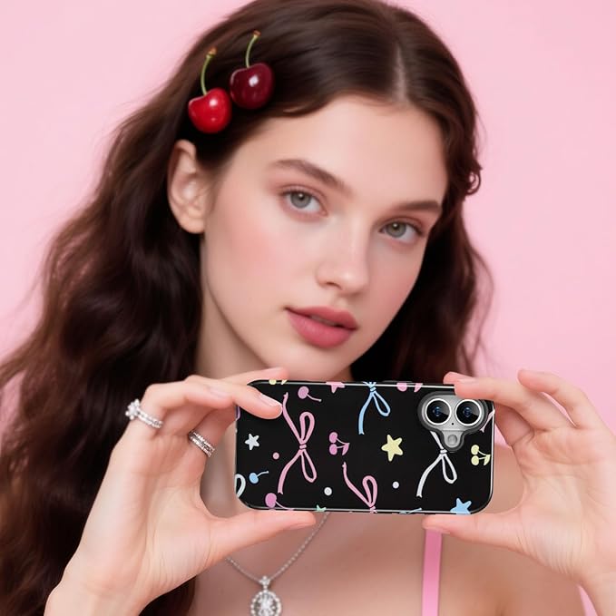 QLTYPRI Case for iPhone 16, Aesthetic Colorful Bow Cherry Stars Phone Case for Girls Women, Protective Hybrid 2-Layer Hard Shell Silicone Cover Durable Shockproof Phone Cover - Black