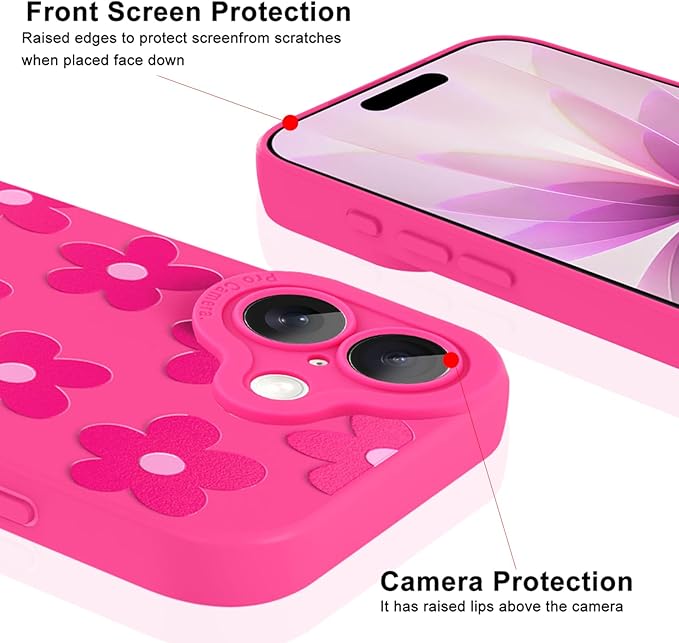 ZIYE Designed for iPhone 17 Case Hot Pink Flower Pattern Phone Case with Camera Protection,Soft TPU Silicone Rubber Protective Cover Floral Design Cases Compatible with iPhone 17 6.3 Inch