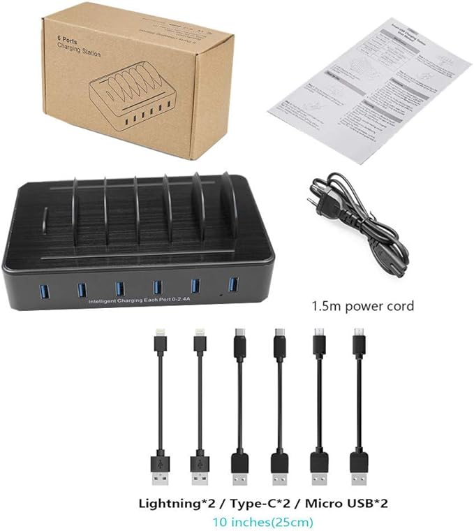 Charging Station for Multiple Devices,50W 6 USB Ports Family Charger Compatible with Apple iPhone iPad and Android Phone and Tablet